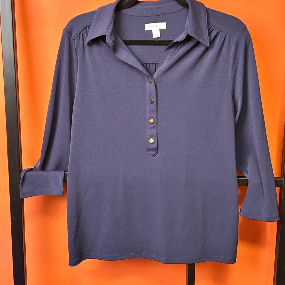 💚💚5/$25💚💚 Work Blouse Navy Roll Tab Sleeve Top Button Front Office Career